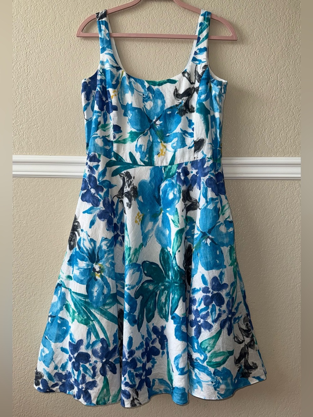Ralph Lauren 100% Linen Floral Midi Dress White Blue Artsy Size 10 / Medium